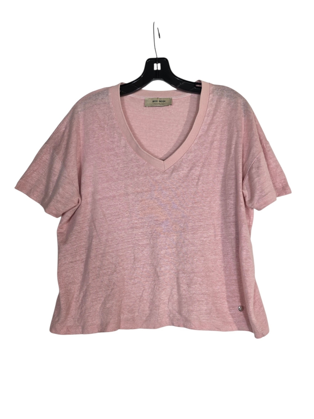 Mos Mosh Linen Pastel Pink V-Neck Short Sleeve Tee with metallic fibers